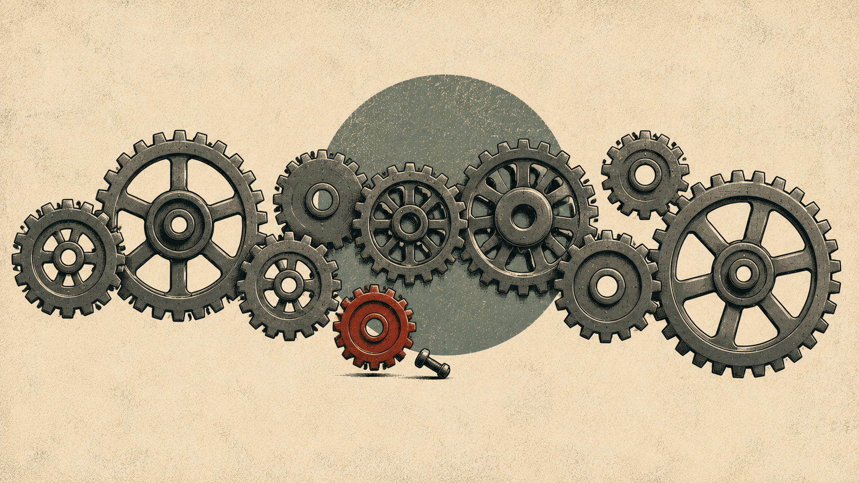 A system of interlocking gears with one distinct red gear ready to connect